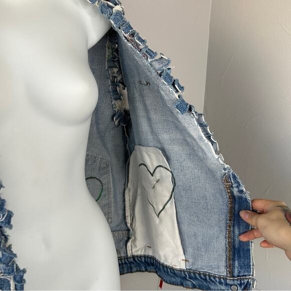 HANDMADE Vintage OOAK Upcycled Funky Unique Denim Vest Tassle Beaded Lace Fringe - Picture 7 of 11